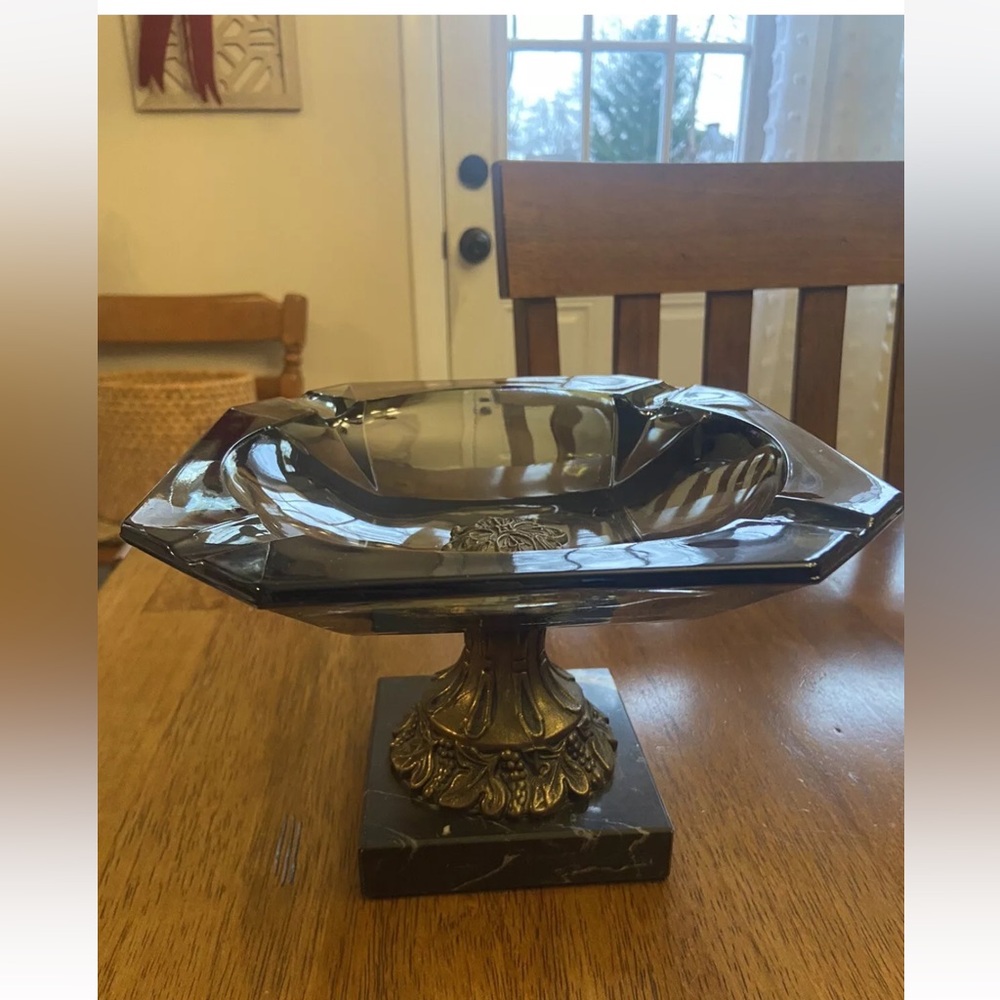 Vintage Large Smokey Glass Pedestal Ashtray Ornate Brass & Marble Base